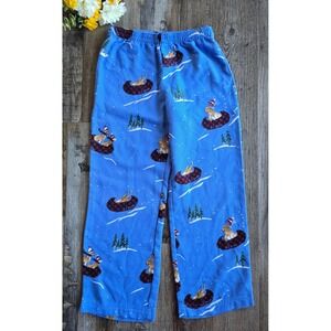 LL Bean Kids Blue Retriever Dog Christmas Sledding Pajama Pants Size 6/7 Fleece